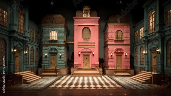 Obraz aesthetic reference for theater set | charming dysfunction | quirky elegance | desaturated vintage | stage-like layout | pink buildings | vignette balance | stylized realism | eccentric private