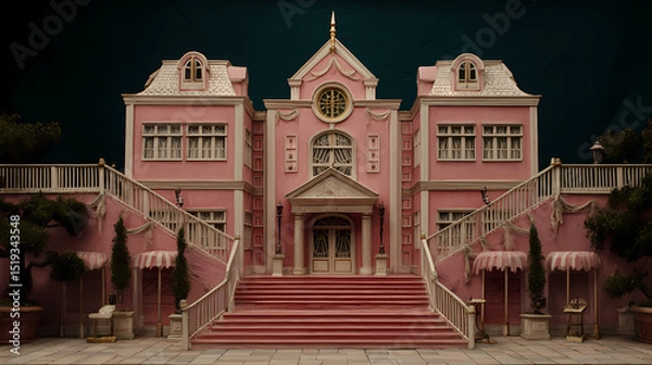 Obraz aesthetic reference for theater set | charming dysfunction | quirky elegance | desaturated vintage | stage-like layout | pink buildings | vignette balance | stylized realism | eccentric private