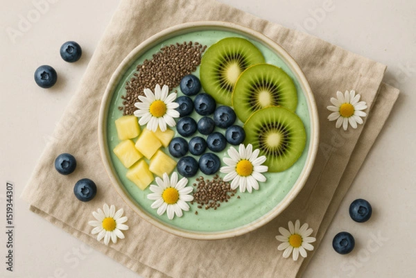 Fototapeta Healthy smoothie bowl with kiwi, blueberry, mango, chia seeds, and chamomile flowers – vibrant breakfast flat lay on linen napkin