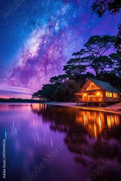 Fototapeta Serene Safari Lodge by Tranquil Water Under Starry Night Sky with Vibrant Milky Way and Reflective Surface Creating Magical Wilderness Experience