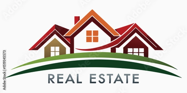 Obraz Real Estate Logo Depicting Three Houses on Green Hills with Text