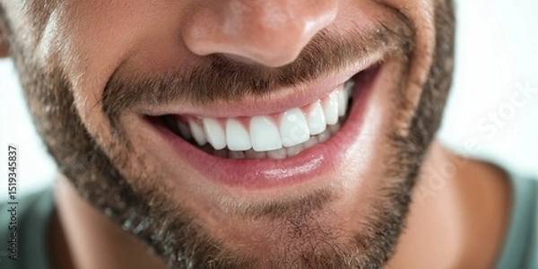 Obraz Close-up of a smiling man's mouth with perfect white teeth and stubble. AI-generated