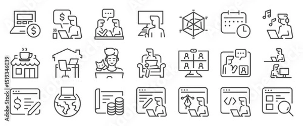 Fototapeta Freelance icon set. It included remote work, online, side hustle, coworking, video conference and more icons. Editable Vector Stroke.