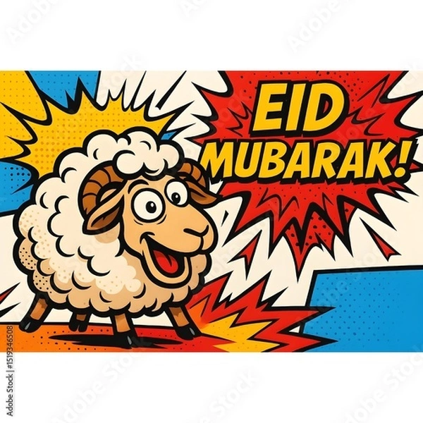 Obraz Eid Mubarak comic-style greeting with a happy sheep
