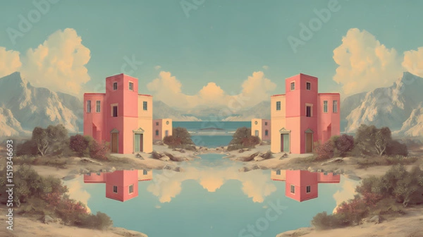 Obraz design for retro postcard series | gentle absurdity | structured calm | muted pastel tones | frontal perspective | pink buildings | architectural framing | color blocking | adventure through