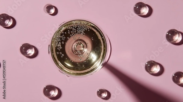 Obraz Rose sparkling wine glass with elegant bubbles, soft shadows on pink background - celebration and luxury in a delicate moment