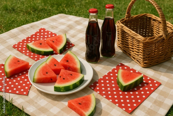 Fototapeta Summer picnic flat lay with watermelon slices, soda bottles, red napkins, and wicker basket on checkered blanket – outdoor fruit snack setup

