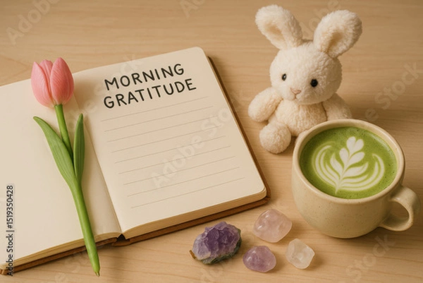 Fototapeta Morning gratitude flat lay with open journal, tulip, plush bunny, crystals, and matcha latte – cozy self care and mindfulness scene

