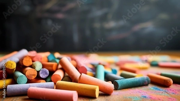Obraz Colorful crayons scattered near blackboard, a playful burst of creativity in learning