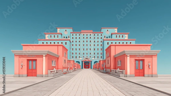 Obraz aesthetic reference for theater set | personal myth | structured calm | sky blue and coral | frontal perspective | binoculars | textured uniformity | flat lighting | fictitious European hotel |