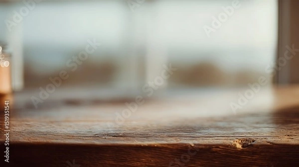 Obraz Vintage wooden table with soft window reflection, conveying timeless warmth and natural elegance