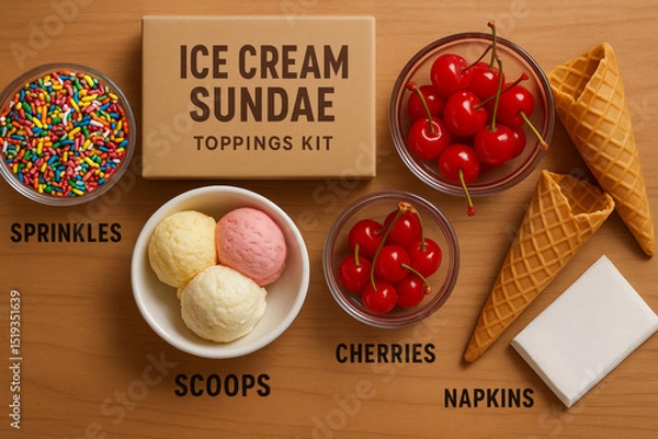 Fototapeta Ice cream sundae toppings kit flat lay with scoops, cones, cherries, sprinkles, and napkins – dessert party setup and summer treat concept

