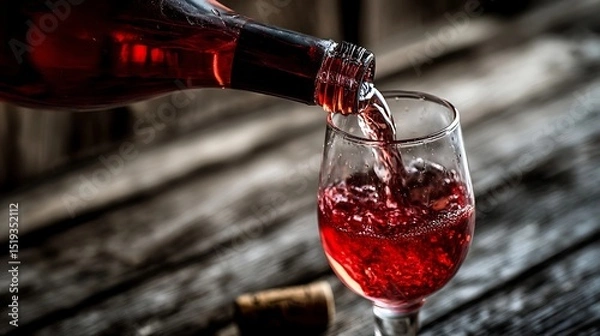 Obraz Red wine pouring into a glass, capturing the rich essence of indulgence.