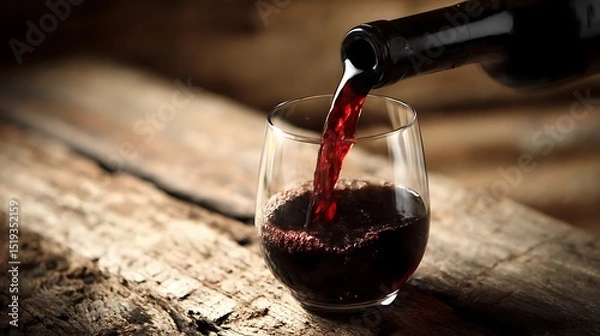 Obraz Red wine pouring into a glass, capturing the rich essence of indulgence.