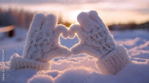 Obraz Winter gloves shaped as a heart on snow, bathed in sunset glow. Warmth and love in winter's embrace.