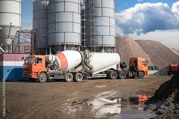 Obraz Construction trucks loading concrete at a manufacturing facility in the afternoon sunlight