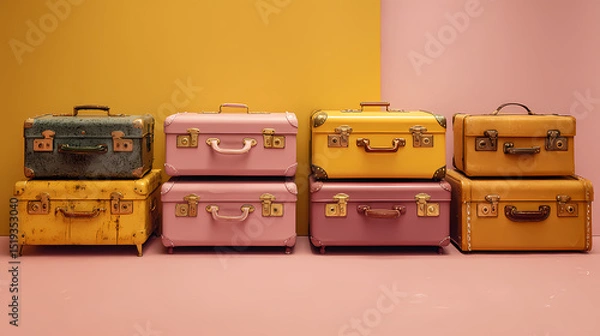 Obraz branding concept for boutique hotel | quiet rebellion | quirky elegance | dusty pink and mustard | grid alignment | old suitcases | symmetry-driven layout | color blocking | eccentric private school