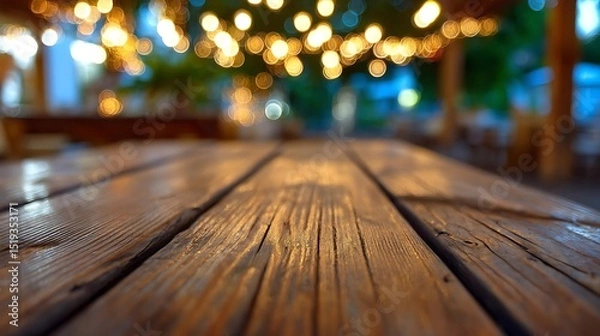 Obraz Wooden table with warm bokeh lights, evoking cozy evening ambiance