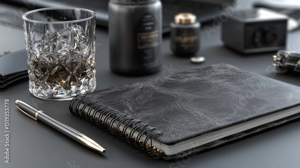 Obraz Black leather workspace with minimal office supplies, clean and professional arrangement. Sleek and organized productivity.