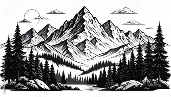 Fototapeta Black and white line art illustrations of mountains, forests, and natural landscapes are highly popular for outdoor branding, travel-themed content, and adventure blogs. Their minimalist and clean aes