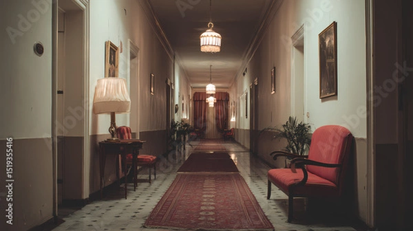 Obraz poster for whimsical drama | quiet rebellion | structured calm | desaturated vintage | grid alignment | boy scouts | architectural framing | stylized realism | fictitious European hotel | color