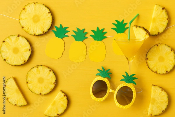 Fototapeta Tropical party flat lay with pineapple slices, sunglasses, juice, and paper garland – yellow summer celebration and fruity cocktail concept

