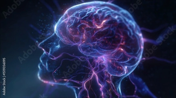 Fototapeta A stunning hyper-realistic 3D rendering reveals the intricate network of glowing neural pathways within the human brain and extending through the nervous system, thought and biological connectivity