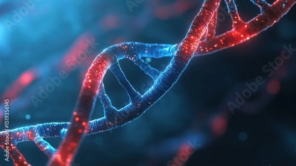 Fototapeta A vibrant 3D rendering of a DNA double helix, with glowing red and blue strands, symbolizing the intricate code of life, genetic research, and biotechnology