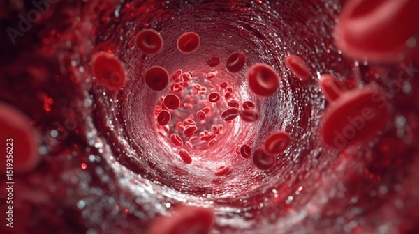 Fototapeta A stunning, highly detailed journey inside a blood vessel, showcasing the dynamic flow of red blood cells, a vivid representation of life's essential circulatory process