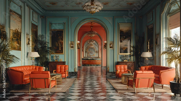 Obraz vintage-themed art showcase | eccentric order | quirky elegance | sky blue and coral | grid alignment | ornate lobbies | vignette balance | stylized realism | fictitious European hotel | modern