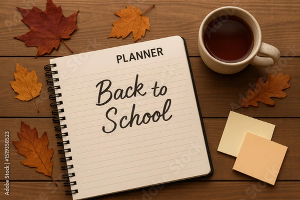 Fototapeta Back to school flat lay with planner, autumn leaves, sticky notes, and tea – fall study setup, planning, and academic season concept

