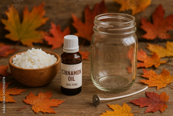 Fototapeta Autumn DIY flat lay with cinnamon essential oil, jar, wax pellets, and spoon on rustic wood with fall leaves – natural home scent making

