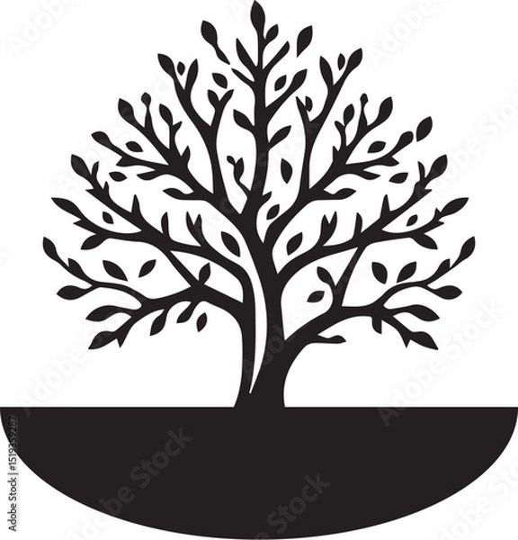 Fototapeta elegant tree silhouette with intricate branches and leaves enclosed in a semi-circular base on a white background