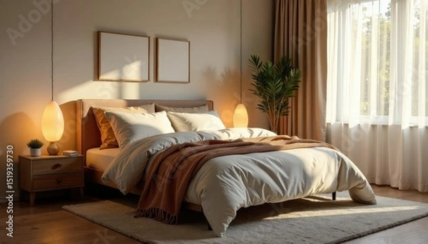 Fototapeta Cozy bedroom, soft lighting, inviting atmosphere, design, cozy, nightstand