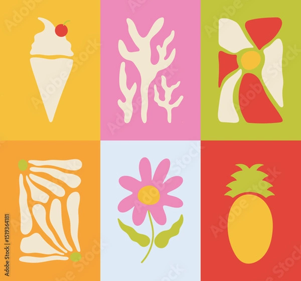 Obraz Abstract summer botanical doodle background art vector set. Hand drawn flower, coral, ice cream, pineapple. Design for print, wallpaper, clipart, wall art for home decoration.
