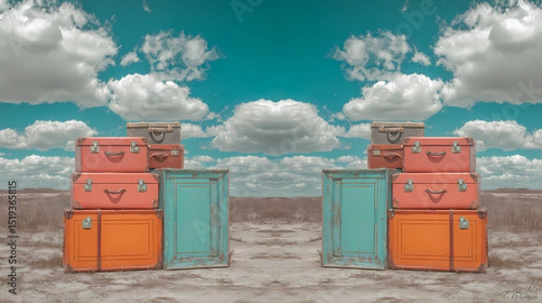 Obraz vintage-themed art showcase | eccentric order | melancholic charm | sky blue and coral | centered tableau | old suitcases | textured uniformity | centered framing | adventure through wilderness |