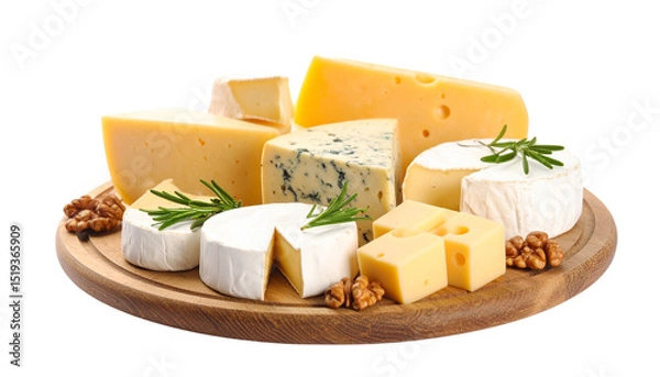 Fototapeta A Diverse Selection of Exquisite Cheeses and Walnuts on a Rustic Wooden Platter Isolated on solid white Background Png format