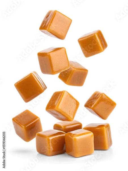 Fototapeta Falling caramel candy cubes isolated on white
