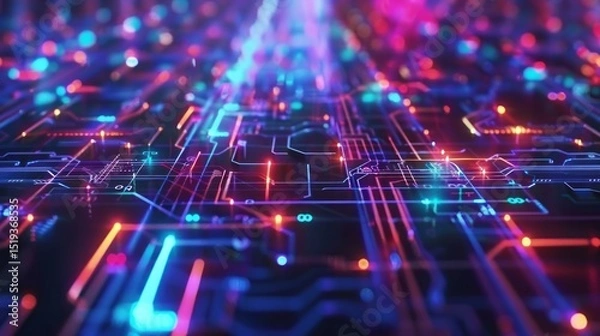 Fototapeta Abstract Digital Circuit Board Neon Glowing Lines Technology Background Futuristic Network Design Illustration Bright Colorful Pattern Vivid Energy Innovation Modern Technology Digital Art High       