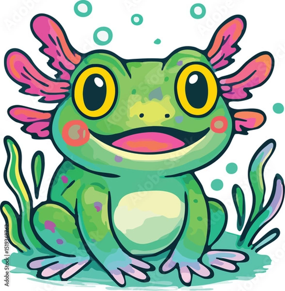 Fototapeta Playful Cartoon Frog with Bubbles and Seaweed