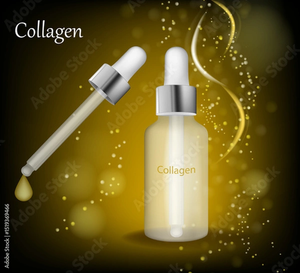 Obraz Collagen Serum Dropper Bottle with Golden Sparkle Background. Realistic Skincare Collagen Essence Bottle with Pipette and Glow
