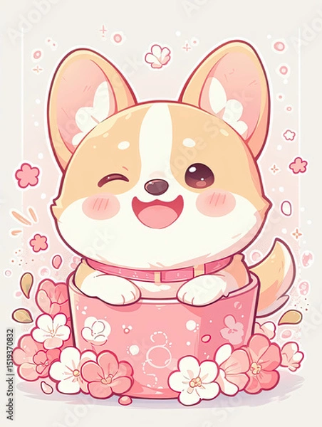Obraz A cute and happy corgi dog smiling and walking in kawaii style, perfect for bringing warmth and joy to any scene.