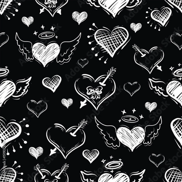 Fototapeta Hand Drawn Vector Creative Doodle Hearts Seamless Pattern Black and White Colors Repeatable Pattern. For decorative gift wrapping paper, Card or Banner Template or Fabric textile prints.