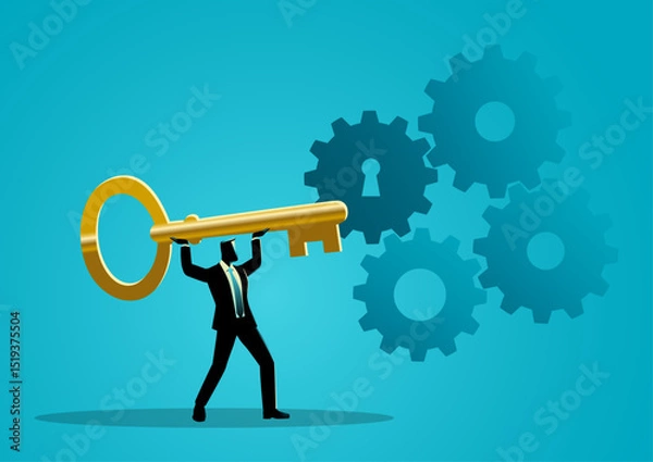 Obraz Initiating business processes, businessman lifting a giant key to launching and activating a business