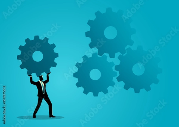 Obraz Silhouette of a businessman lifting and placing a gear to connect with other gears, symbolizing workflow integration, business process, and strategic problem solving.