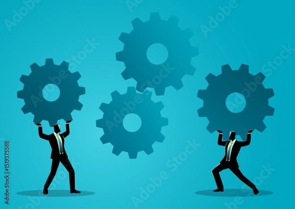 Fototapeta Two businessmen lifting large gears to complete a system, symbolizing collaboration, process optimization, business integration, and teamwork in a corporate or startup business.