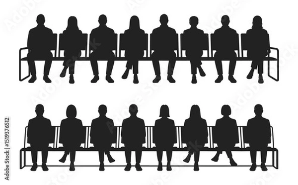 Fototapeta Silhouettes of people sitting in a row on waiting room benches, vector illustration set. Men and women in seated poses suggesting queue, anticipation, or public space environment.