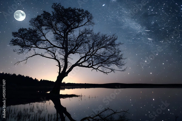 Obraz Silhouette of a Tree Reflecting in Dark Water Under a Starry Night Sky