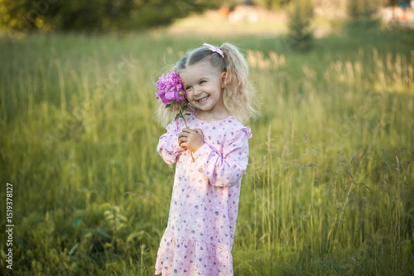 Obraz cheerful 3-year-old girl with pigtails in a pink dress with a peony walks in a village meadow