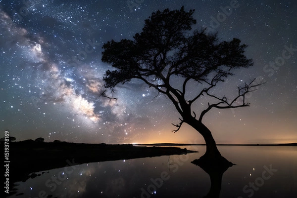 Obraz Silhouette of a Tree Reflecting in Dark Water Under a Starry Night Sky